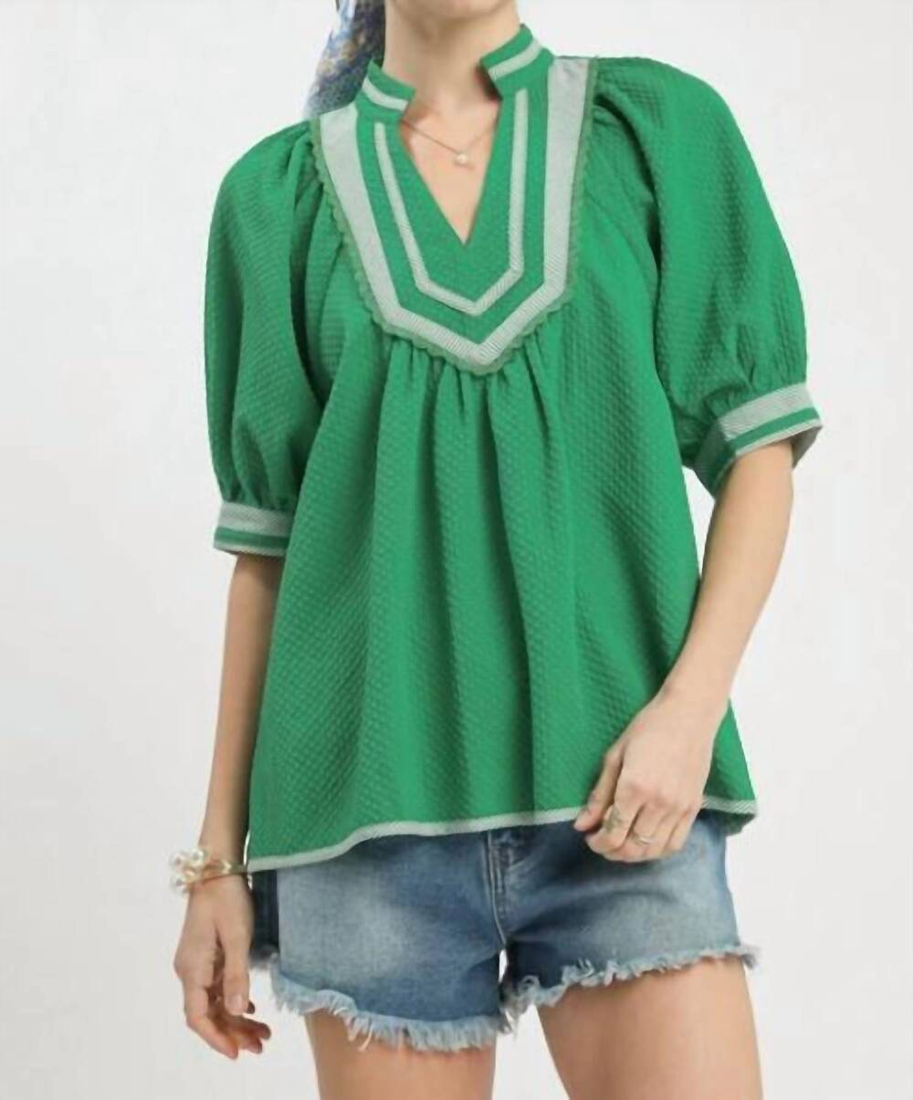NEW UMGEE jaacquard contrast trim top in green